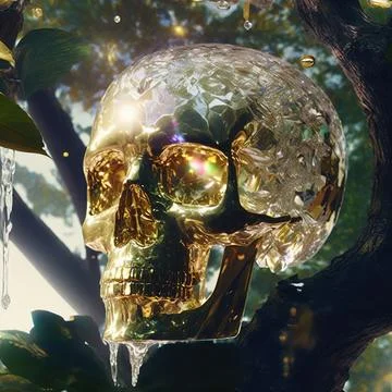Cgi Generated Skull Head Looking Evil Covered In Gold Gold Ornaments Illustrazione stock