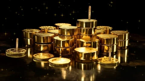 CGI Golden Coins Stack and Rings on Black Luxury Background Stock Footage 320095954