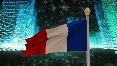 CGI gusts starting vertical tricolor flag waving on pole, panels rippling, city Stock Footage 338365819