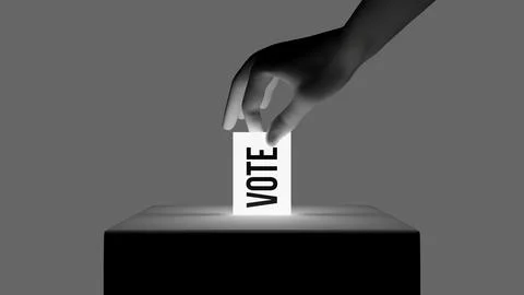 CGI hand casting vote in a ballot box. 3d render. Stock Illustration