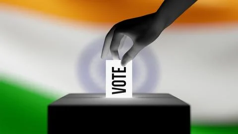CGI hand casting vote in a ballot box. Indian flag in background. 3d render. Stock Illustration