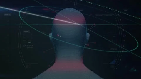 CGI head rotating while HUD activating, rings orbiting, beams scanning jaw ear Stock Footage 332936749