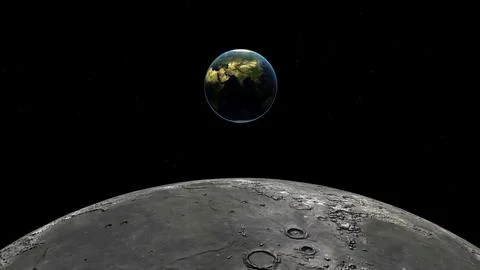 CGI image of Earth rising over the moon's horizon Stock Illustration