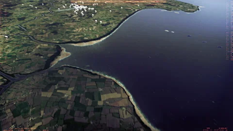 CGI of radar of Point Du Hoc and flying over to landing site on D-Day invasion Stock Footage 202538044