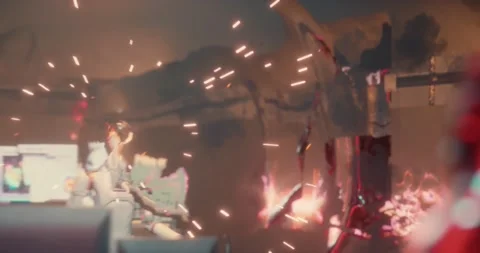 CGI realistic render scene of a A fight scene robot shooting his enemeis Stock Footage 169058577