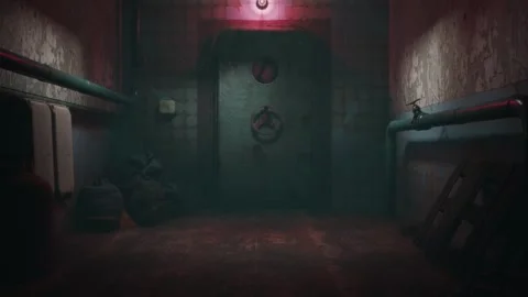 CGI render of heavy metal door opening in scary abandoned bunker corridor. Dark Stock Footage 304599899