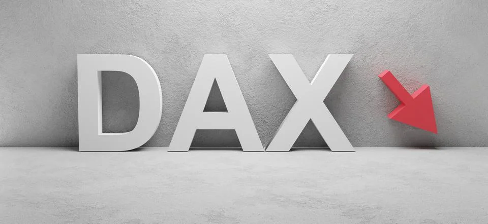 Cgi render illustration of the white word DAX infront of a white concrete wall Stock Illustration