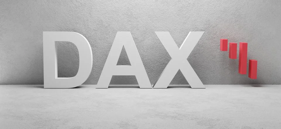 Cgi render illustration of the white word DAX infront of a white concrete wall Stock Illustration