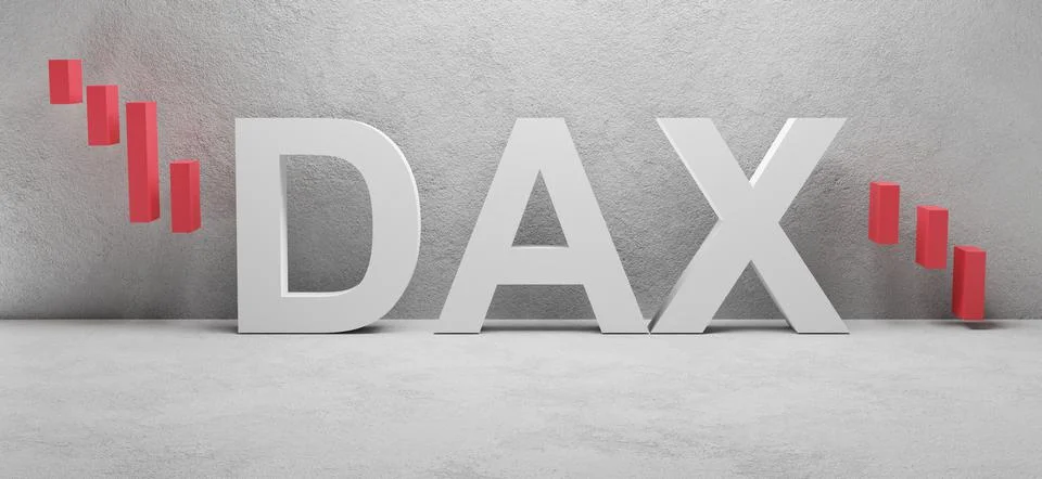 Cgi render illustration of the white word DAX infront of a concrete wall Stock Illustration