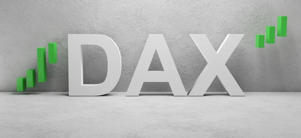 Cgi render illustration of the white word DAX infront of a white concrete wall Stock Illustration