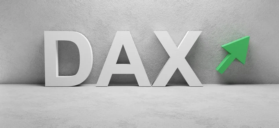 Cgi render illustration of the word DAX infront of a white concrete wall Stock Illustration