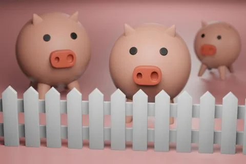 Cgi render image of pigs at a white fence Stock Illustration
