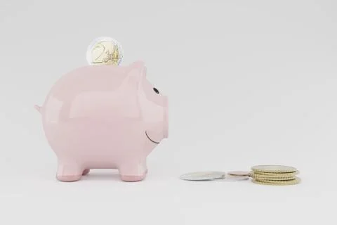 CGI render image of pink piggy bank with some euro coins Stock Illustration