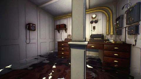 CGI of Titanic communications room flooding, 1912 - Recreation Stock Footage 202900011