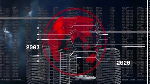 CGI video shows financial data and a globe with black skyscrapers on a white Stock Footage 327279815