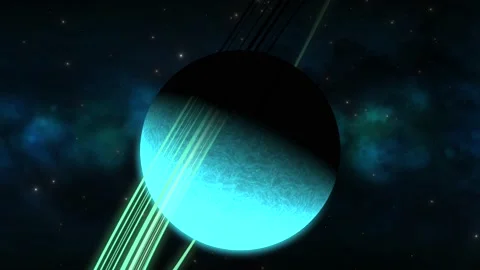 CGI zoom in towards aqua sideways saturn-like alien planet with green Stock Footage 169496218