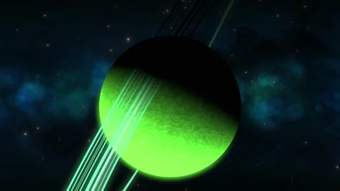 CGI zoom in towards green sideways saturn-like alien planet with green Stock Footage 169497011