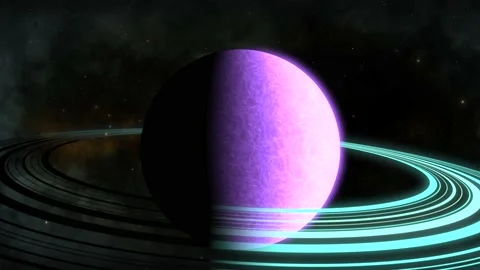 CGI zoom in towards purple saturn-like alien planet with blue rings in Stock Footage 169277657