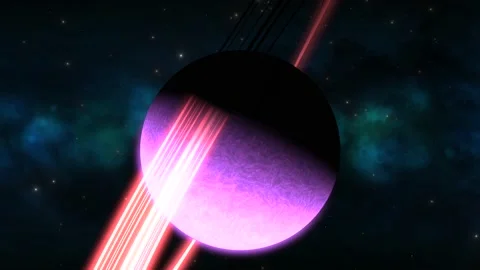 CGI zoom in towards purple sideways saturn-like alien planet with neon red Stock Footage 169497789