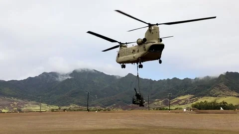 CH-47 Chinook hovering with Howitzer sling load Video stock 161243590