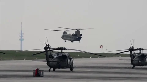 CH-47 Chinook turning during flight pattern training Video stock 88396124