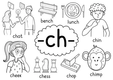 Ch digraph spelling rule black and white educational poster set for kids Stock Illustration