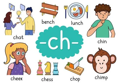 Ch digraph spelling rule educational poster for kids with words Stock Illustration