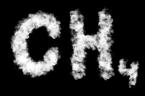 CH4 text from clouds at the black background. The concept of methane emissions Stock Illustration