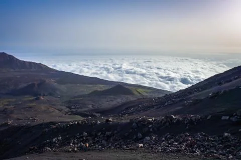 Cha das Caldeiras over the clouds view from Pico do Fogo in Cape Verde Stock Photos