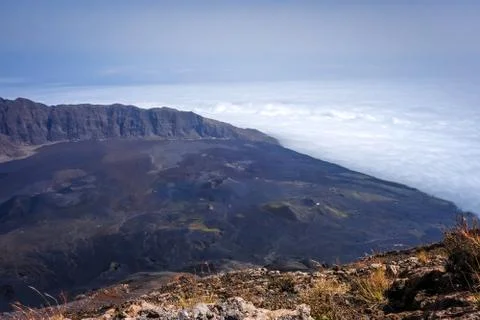 Cha das Caldeiras over the clouds view from Pico do Fogo in Cape Verde Stock Photos