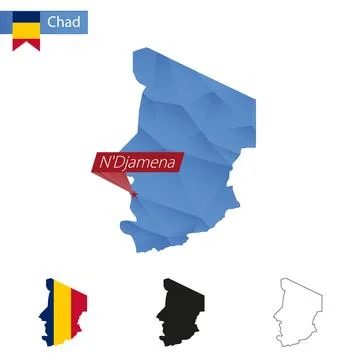 Chad blue Low Poly map with capital N'Djamena. Stock Illustration
