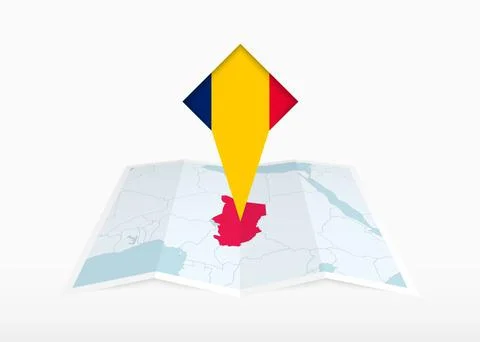 Chad is depicted on a folded paper map and pinned location marker with flag.. Stock Illustration