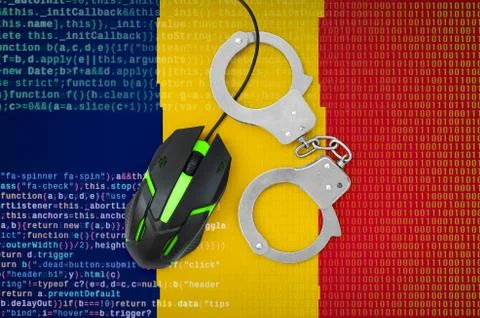 Chad flag  and handcuffed computer mouse. Combating computer crime, hackers a Stock-Fotos