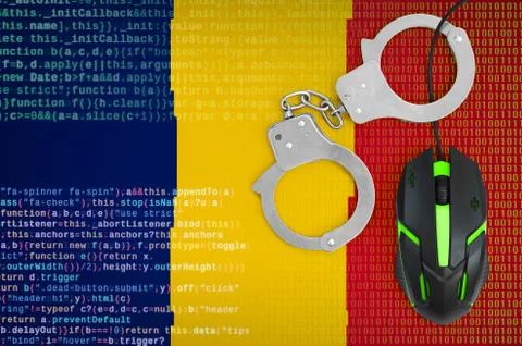 Chad flag  and handcuffed computer mouse. Combating computer crime, hackers a Stock-Fotos