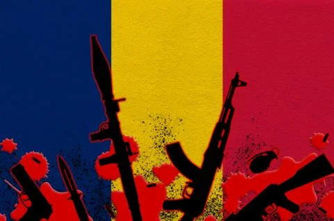 Chad flag and various weapons in red blood. Concept for terror attack or mili Stock Illustration