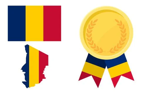 Chad flag with map and gold medal in set for web and banners or app and games Stock Illustration