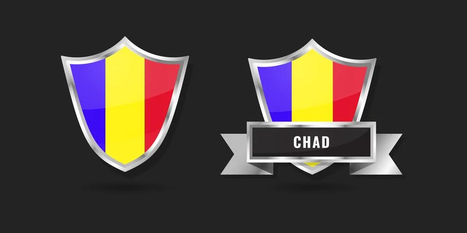 Chad Flag Shield Badge Vector Set with Metallic Silver Banner Stock Illustration
