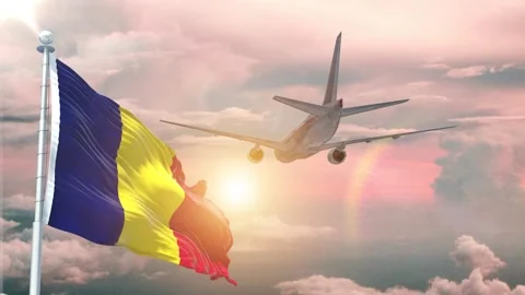Chad flag Waving Realistic With Sky Plane Takes Off At Sunrise Stock Footage 294598322