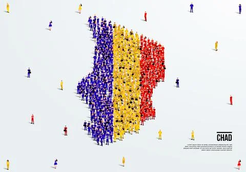 Chad Map and Flag. A large group of people in the Chad flag color. Illustrazione stock