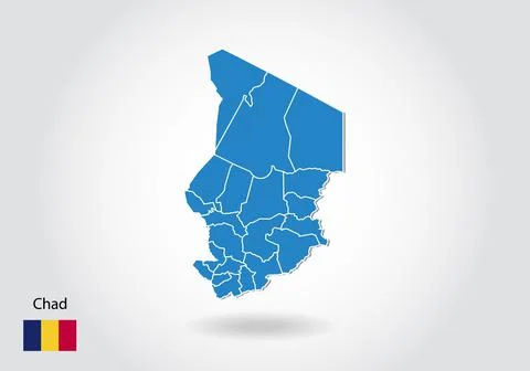 Chad map design with 3D style. Blue chad map and National flag. Simple vector 스톡 일러스트