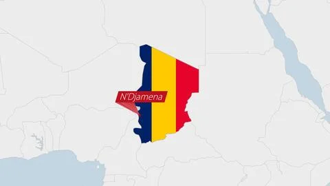 Chad map highlighted in Chad flag colors and pin of country capital N'Djamena 库存插图