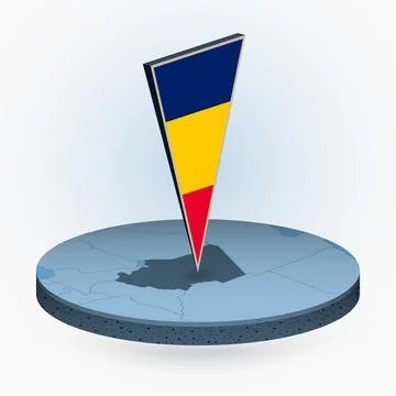 Chad map in round isometric style with triangular 3D flag of Chad イラスト素材