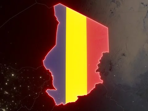 Chad with national flag on night map Stock Illustration
