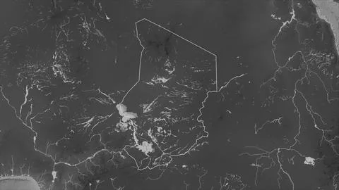 Chad outlined on a Grayscale elevation map with lakes and rivers Illustrazione stock
