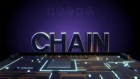 CHAIN 3D Text with Blockchain Cubes on a Circuit Board Stock Illustration