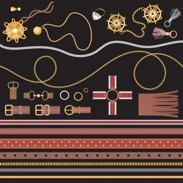 Chain and belt elements collection, braid for fabric design set vector Stock Illustration