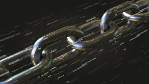 Chain and binary numbers. Blockchain technology conceptual 3D rendering 스톡 일러스트