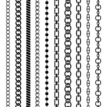 Chain borders. Seamless black chains of different shapes, metal links. Braided Illustrazione stock