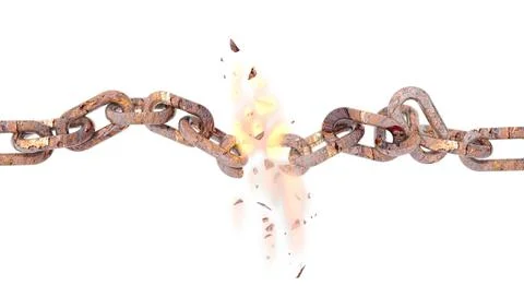 Chain break breaking fire and flames rusty isolated - 3d rendering Stock Illustration