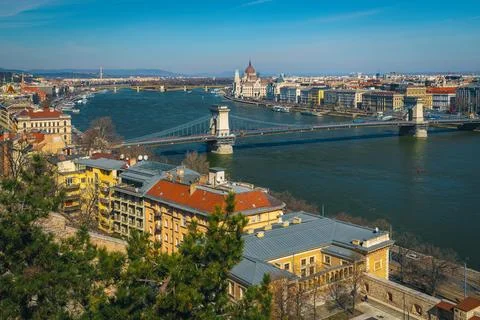 Chain bridge and beautiful buildings on the waterfront, Budapest, Hungary Stock Photos